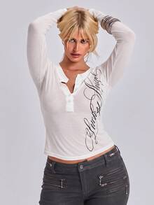 ROMWE Plus Size Y2K Street Style Casual Classic Distressed Slogan Script Print Semi-Sheer Textured Slim Fit Henley Collar Long Sleeve Modal T-Shirt - White - View 6