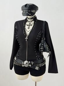 Sunspun Plus Size Dark Style Eyelet Webbing Patchwork Open Front Zipper Long Sleeve Shirt Fall - Black - View 6