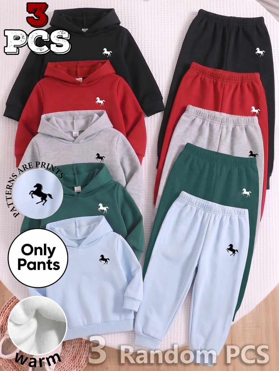 Young Boys Clothes 3Pcs Fleece Lined Jogger Pants Set Winter Sweatpants Horse Logo Print Multipack Casual Track Pants Multi-Pack - Black - View 1
