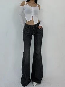 Livesso Petite 女款休閒日常喇叭腿牛仔褲，附口袋與鈕扣，秋季款 - 黑色 - 查看 5