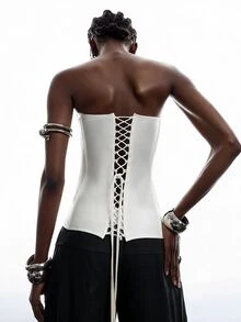 LYSMO Women's Casual White Bandeau Top With Front Tie - White - View 2