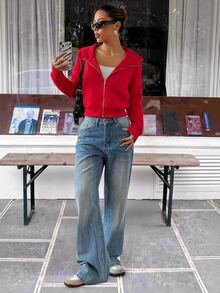 SHEIN EZwear 女款休閒舒適秋冬紅色連帽開襟長袖運動衫 - 紅色 - 查看 6