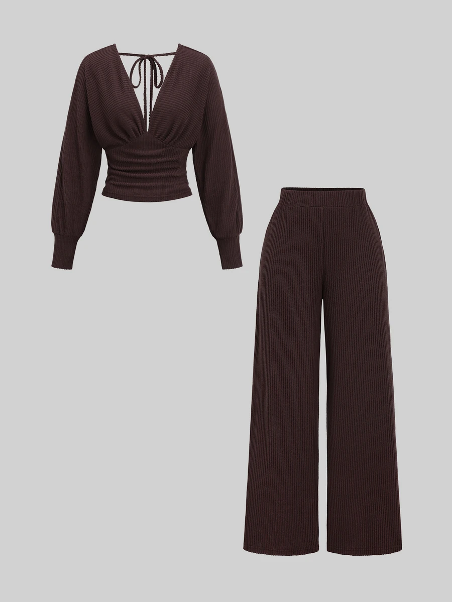 Sweetra Women's Autumn/Winter Fuzzy Ribbed Fabric V-Neck Batwing Sleeve Top & Straight Leg Pants Set - Red Violet - View 1