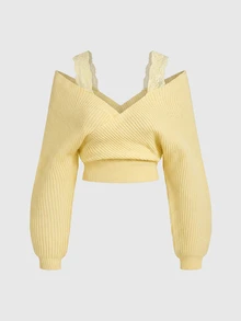 ROMWE Kawaii Shoulder Strap V-Neck Lace Strap Loose Wide Leg Pants Comfortable Home Wear Women's Sweater 2 Pieces Set - Light Yellow - View 6