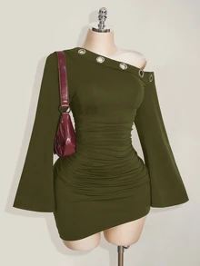 SHEIN ICON Plus Size Casual Daily Summer Dress With Pockets, Diagonal Shoulder And Grommet Decor Fall - Army Green - View 4