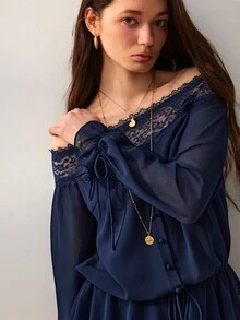 Willow Rêve Women's Navy Blue Wide Leg Jumpsuit, Floral Lace Trim Craftsmanship, Cold Shoulder, Front Button, Ruffle & Cinched Waist Design, Summer Western Romantic Style, Suitable For Party Wear - Blue - View 6