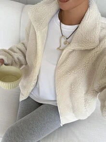 Livesso Cream White Lapel Zip-Up Pocket Loose Drop Shoulder Long Sleeve Casual Fleece Short Jacket - White - View 6