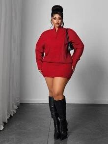 Maweii Plus Size Women's Bodycon Loose Slimming Deep V-Neck Knit Dress, Suitable For Autumn/Winter Innerwear And Outerwear - Red - View 5
