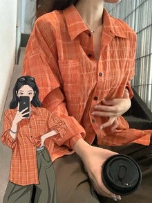 Dazy Kids 青少年女孩秋季休閒基礎款翻領長袖襯衫 - 橘色 - 查看 11