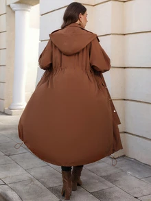 EMERY ROSE Jaket Panjang Kasual Berkerudung Wanita Ukuran Besar Warna Polos dengan Bahu Longgar dan Tali Serut di Pinggang - Coklat - View 2