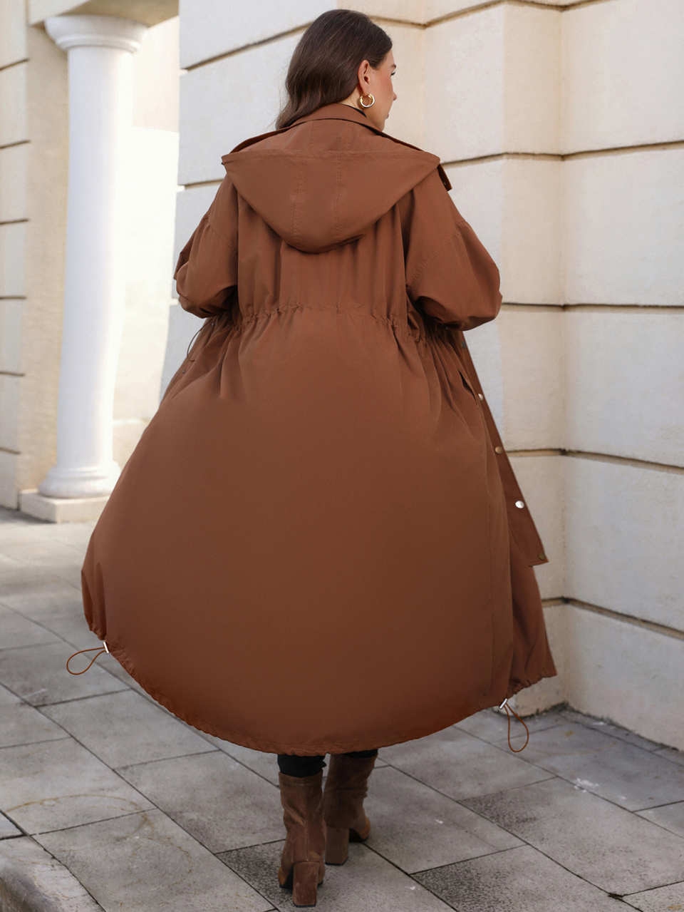 Plus Size Women's Solid Color Drop Shoulder Long Sleeve Drawstring Waist Casual Long Hooded Jacket