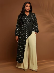 BrightlyHer Set 2 Potong Atasan dan Celana Ukuran Besar Motif Allover Leher V Lengan Panjang Depan Silang Asimetris Musim Gugur & Dingin 2026 - Hitam - View 4