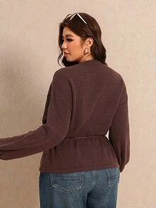 Elaquor ملابس علوية محبوكة للنساء بمقاسات كبيرة، لون موحد، كاجوال متعددة الاستخدامات للارتداء اليومي، خريف/شتاء، ، رأس السنة - عنابي اللون - مشاهدة 3