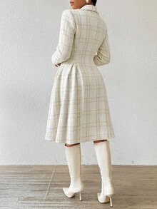 SHEIN Lady Women's Plaid Lapel Neck Long Sleeve Single-Breasted Elegant Midi Dress - Pearl White - View 2