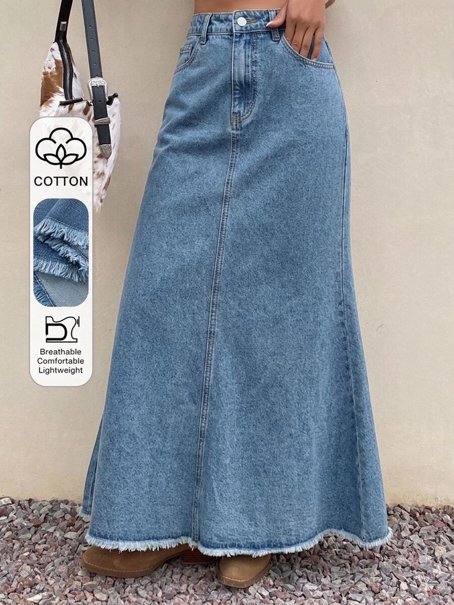 DAZY Spring/Summer Women's Casual Solid Color Raw Hem Mermaid Denim Skirt - Medium Wash - View 1