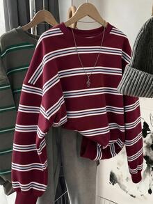 Comfylo 休閒簡約大尺碼女款條紋長袖運動衫，適合日常穿著 - 彩色 - 查看 6