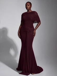 Elitara Elegant Romantic Elastic Knit Mesh Ruched Twisted Drape Design Jacket Sleeve Fishtail Skirt Suitable For Wedding Events, Bachelor Party, Vacation, Dance, Holiday Party, Graduation Season, Evening Gown Dress - Khaki - View 5