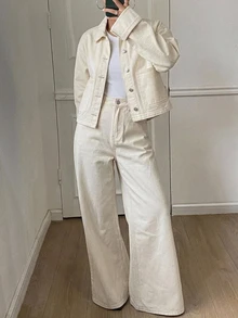 DAZY Autumn White Collared Button Pocket Decor Short Denim Jacket With Wide Leg Denim Pants Set - White - View 7