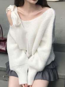 DAZY Sweater Rajut Kasual Longgar Lengan Panjang dengan Tali Bahu Pita Leher Bulat Warna Putih untuk Wanita Musim Gugur - Putih - View 1