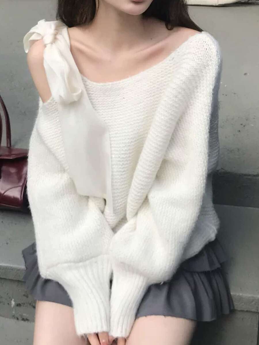 DAZY Sweater Rajut Kasual Longgar Lengan Panjang dengan Tali Bahu Pita Leher Bulat Warna Putih untuk Wanita Musim Gugur - Putih - View 1