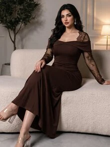 Feyla Plus Size Elegant Elegant Lace Patchwork Mermaid Dress - Coffee Brown - View 1