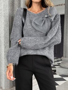 Pariaura Sweater Pullover Lengan Panjang Rajut Lembut Warna Abu-abu dengan Dekorasi Pita Besar, Serbaguna, dan Gaya Vintage untuk Musim Gugur/Dingin. - Grey - View 4