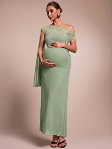 MaterniChic Maternity Solid Color Asymmetric Neck Ribbon Design Slim Fit Elegant Dress - Green - View 5