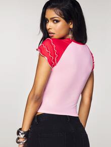 THE POWERPUFF GIRLS X SHEIN Kaos Wanita Kasual Leher Bulat dengan Trim Rumbai dan Lengan Raglan - Merah - View 2