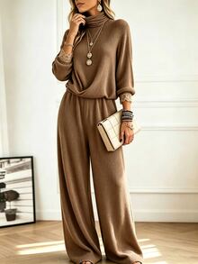 Holdful Holdful Women's Solid Color Long Sleeve Top And Pants Casual Daily 2 Pieces Set - Brown - View 9