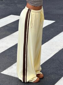 Muchica Women's Striped Colorblock Embroidered Drawstring Waist Sweatpants Comfortable Yellow Striped Casual Pants With Added Velvet, Autumn And Winter - Light Yellow - View 3