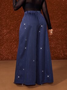 Maweii Plus Size Blue Casual Elegant Commuter Striped Sequin High Waist Long Suit Pants Party Office Fall - Blue - View 4