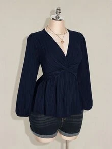 SHEIN ICON 女款大尺碼黑色紋理前打結燈籠袖上衣 - 藏蓝色 - 查看 5