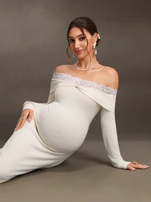 Cheriluna Maternity Cherish Maternity-D Women's Autumn/Winter Apricot Knit Ribbed Fabric Patchwork Lace Cold Shoulder Maternity Dress, Party, Gathering Essential - Apricot - View 3