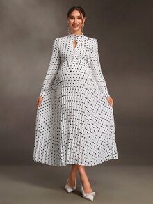 Momance Maternity Polka Dot Print Elegant Pleated Dress - White - View 7