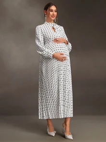 Momance Maternity Polka Dot Print Elegant Pleated Dress - White - View 6