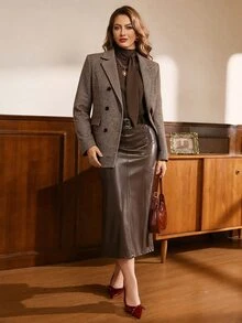 Auvina Plus Size Women's Plaid Casual Commute Travel Long Sleeve Blazer Suit Set - Multicolor - View 3