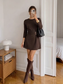 Easowa Women's Mini Dress With Ruched Waist, Metal Buckle, A-Line, Long Sleeve, Casual Relaxed Elegant Commuter Old Money Style, Autumn/Winter - Brown - View 3