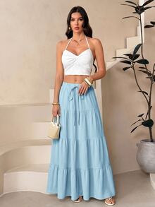 SHEIN Tall 女款純色休閒波西米亞風百搭日常穿著裙 適合海灘 嬰兒藍 秋季 - 淺藍色 - 查看 3