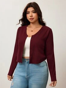 Enliva Plus Size Women's Black Ribbed Knit Cropped Cardigan – V-Neck Button-Front Sweater For Effortless Layered Style - Burgundy - View 7