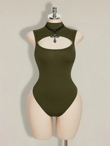 SHEIN ICON 女款大尺碼鏤空設計立領無袖連身衣 - 軍綠色 - 查看 4