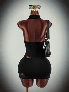 Amplova High Neck Fully Transparent Bodycon Mini Dress With Cutouts, Open Back, Waist-Cinching, Y2K Halloween Outfit For Women, Knitted - Black - View 8
