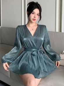 Joudiya 女款夏季藍色雪紡襯衫，綠色婚禮度假優雅派對荷葉邊繫腰長袖上衣 - 藍色 - 查看 4