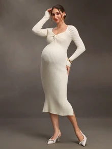 SHEIN Elegant Solid Color Twisted Knot Fitted Knit Maternity Dress - Apricot - View 4