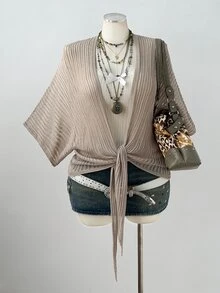 Sunspun Relaxed Tone Loose Batwing Sleeve Ribbed Hollow Out Tie-Up Shawl Knit Cardigan Fall - Apricot - View 3