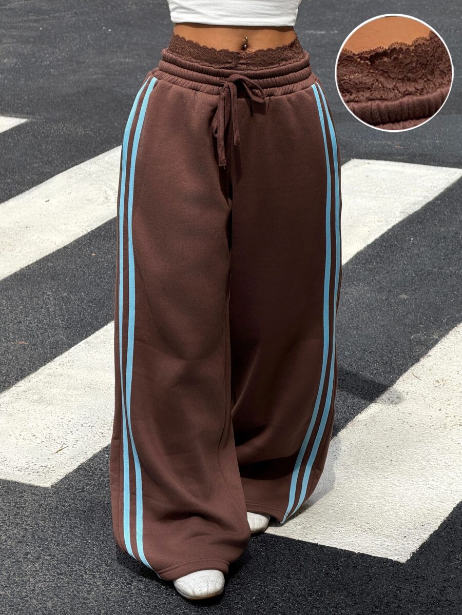 Muchica Women's Brown New Striped Lace Patchwork Drawstring Waist Long Pants For Going Out, Streetwear,Fall Winter 2026 - Brown - View 1