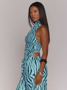 MUSERA Zebra Print Ruched Halterneck Detail Top Summer Fall Winter Day Outfit  Womens Outfit - Teal Blue - View 3