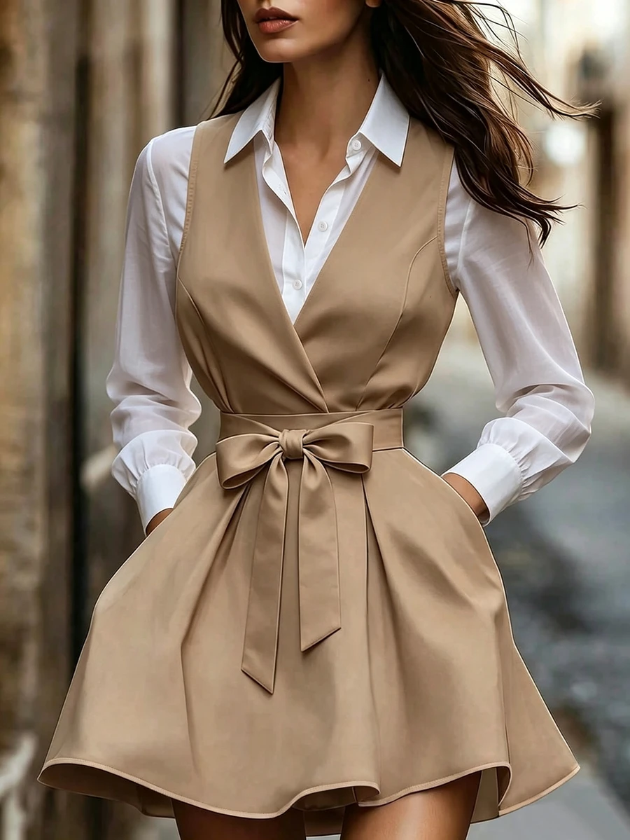 Balvessa Tank Dress + Long Sleeve Shirt - Khaki and White - View 1