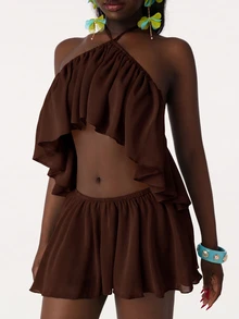 Amplova 女款雪紡兩件套掛脖露背上衣，不對稱下擺雙層荷葉邊設計，搭配迷你裙，性感前衛度假穿搭 - 棕色 - 查看 3