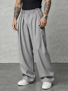 SLATEMANN Men's Navy Blue Striped Long Pants, Fashion Design Loose Fit Versatile Casual Wide Leg Trousers - Light Grey - View 1