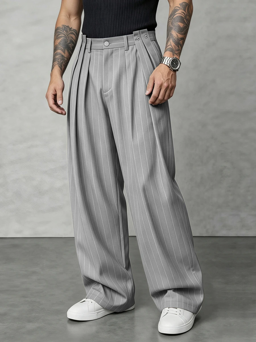 SLATEMANN Men's Navy Blue Striped Long Pants, Fashion Design Loose Fit Versatile Casual Wide Leg Trousers - Light Grey - View 1